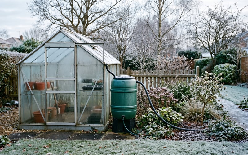 Water butt with overflow hose beside a greenhouse in a frosty winter UK garden