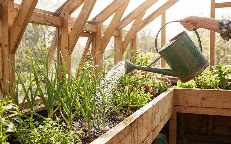 A gardener using a watering can with a rose attachment to gently water garlic plants in a greenhouse during spring