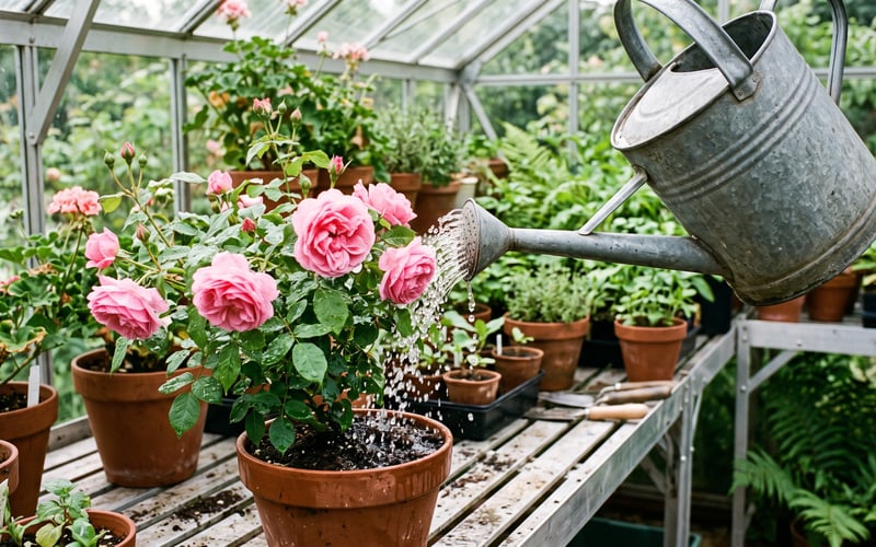 Watering potted roses on aluminium staging inside a bright greenhouse