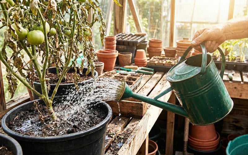 Watering the base of a tomato plant in a greenhouse pot