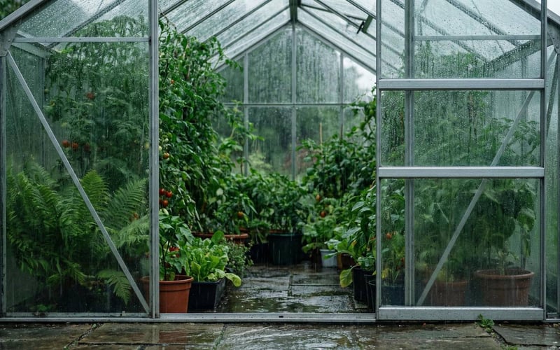 Aluminium greenhouse in the rain with lush plants inside