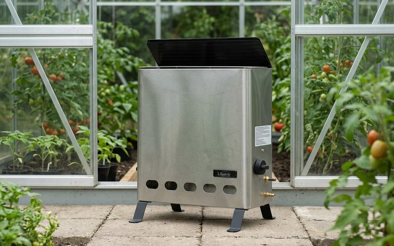 Eden Pro 4.2kW stainless steel greenhouse heater standing among tomato plants inside a glass greenhouse
