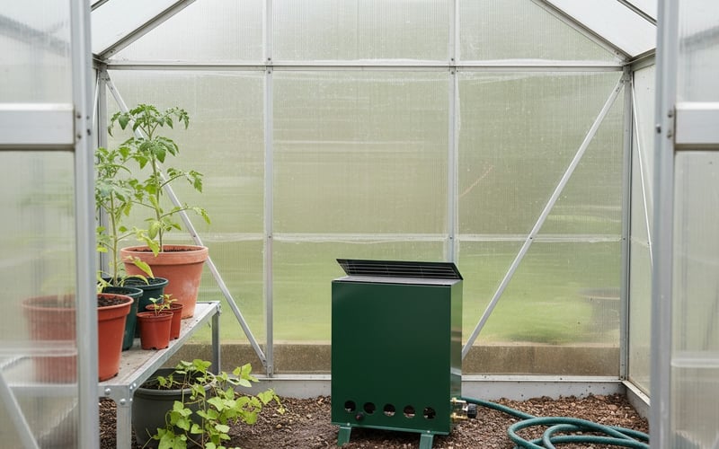 Elite Gas Blue Flame 1.9KW greenhouse heater running in a greenhouse with no electric supply