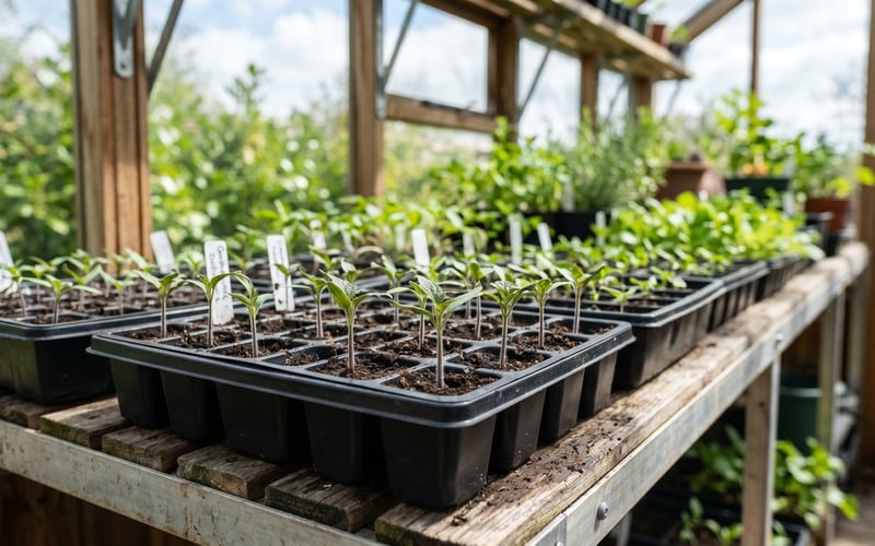 Young tomato seedlings in module trays on greenhouse staging in bright spring light, UK garden