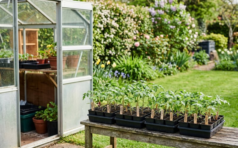 Trays of young tomato plants hardening off on a bench outside the greenhouse door in spring
