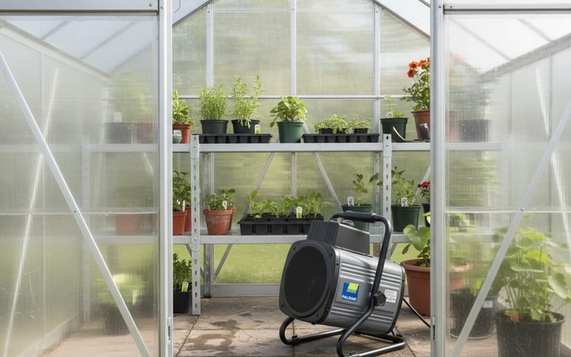Palram Canopia 2400W thermostatic greenhouse heater on the floor of a greenhouse stocked with young plants