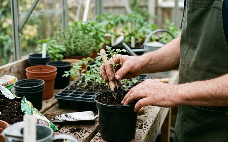 Hands pricking out a young tomato seedling into a 9cm pot at a potting bench