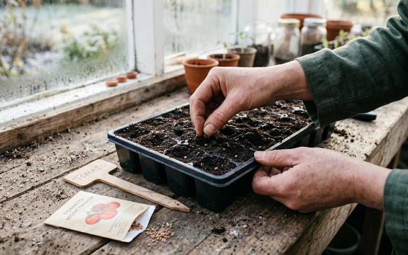 Tomato seeds sown into module trays with plant labels on a warm bench in late winter