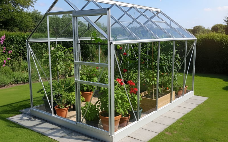 Vitavia Venus 6200 aluminium greenhouse in a UK back garden with tomato plants growing inside