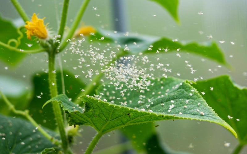 Cloud of whitefly rising from infected greenhouse plant leaves