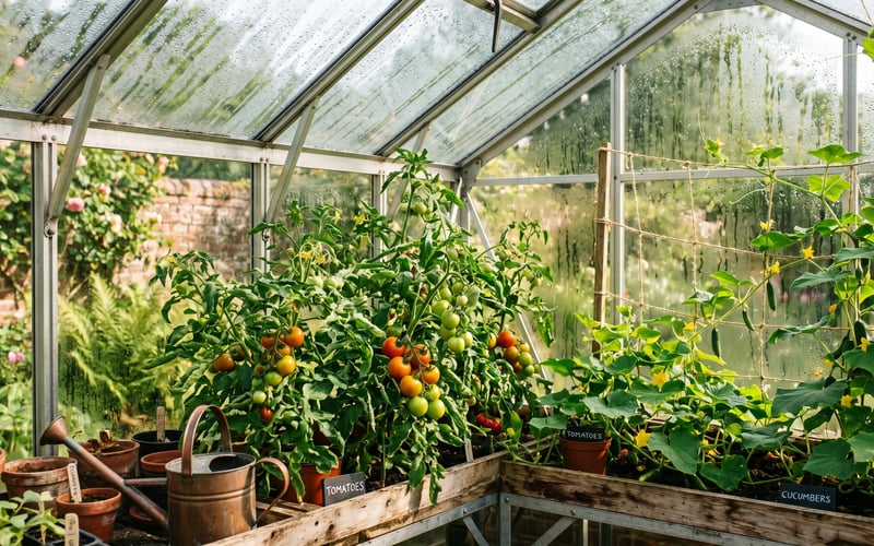 Lush tomato and cucumber plants growing fast on staging inside a bright UK greenhouse in late spring