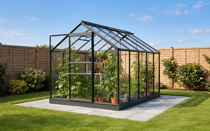 Black Vitavia Venus aluminium greenhouse with plants growing inside in a sunny suburban UK back garden