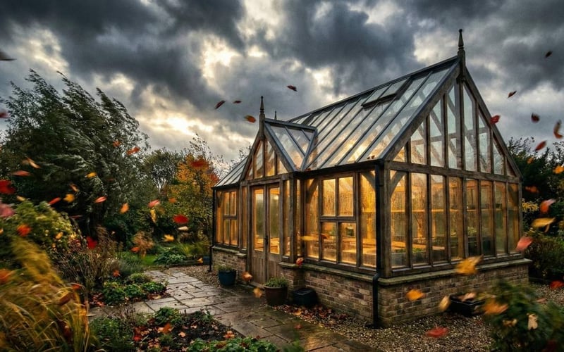 Aluminium greenhouse standing firm in a British garden during a windy autumn storm