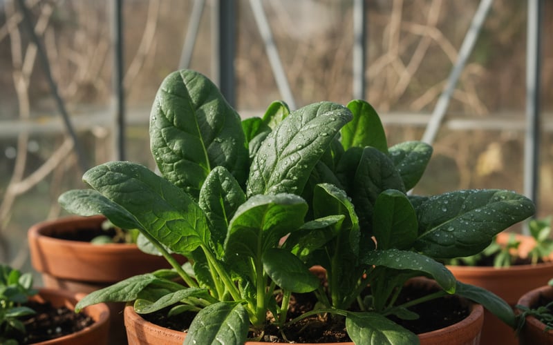Dark green spinach plants growing in terracotta pots in a winter greenhouse
