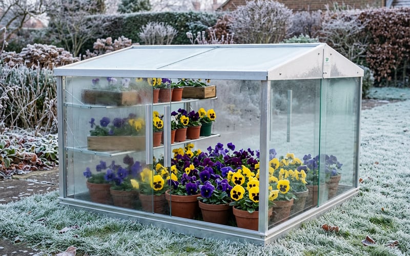 Access 4x4 aluminium cold frame protecting pots of colourful winter pansies from frost in a UK garden