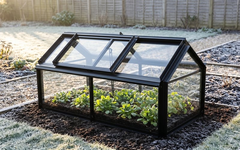 Elite Min E Lite aluminium cold frame in a frosty UK garden planted with lambs lettuce and winter salad leaves
