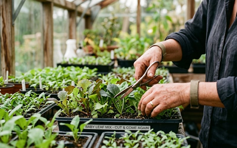 Hands cutting outer leaves from a tray of mixed salad with scissors using the cut and come again method in a greenhouse