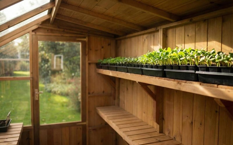Interior of a Swallow Jay potting shed showing seed trays on high shelving with sunlight streaming through the angled glass roof.