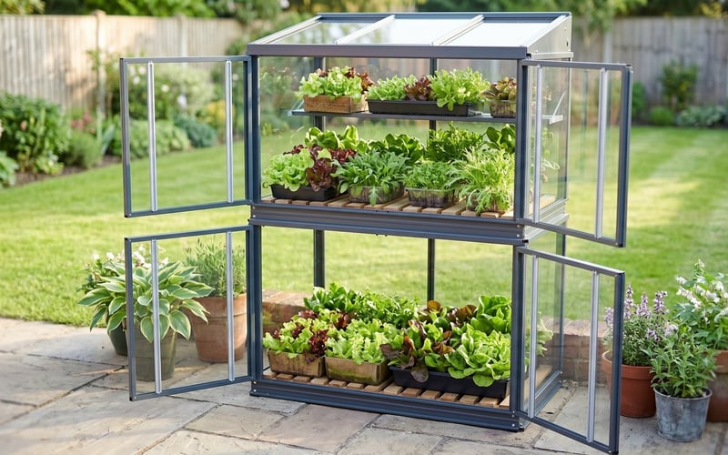 Access City Growhouse mini greenhouse packed with trays of mixed salad leaves on a UK garden patio