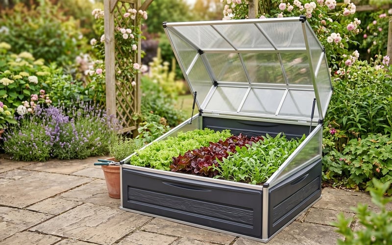 Palram Plant Inn raised cold frame on a patio planted with rows of cut-and-come-again salad leaves
