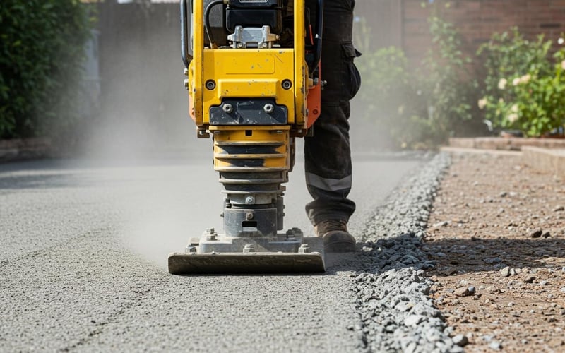 Wacker plate compacting MOT Type 1 hardcore for a shed base