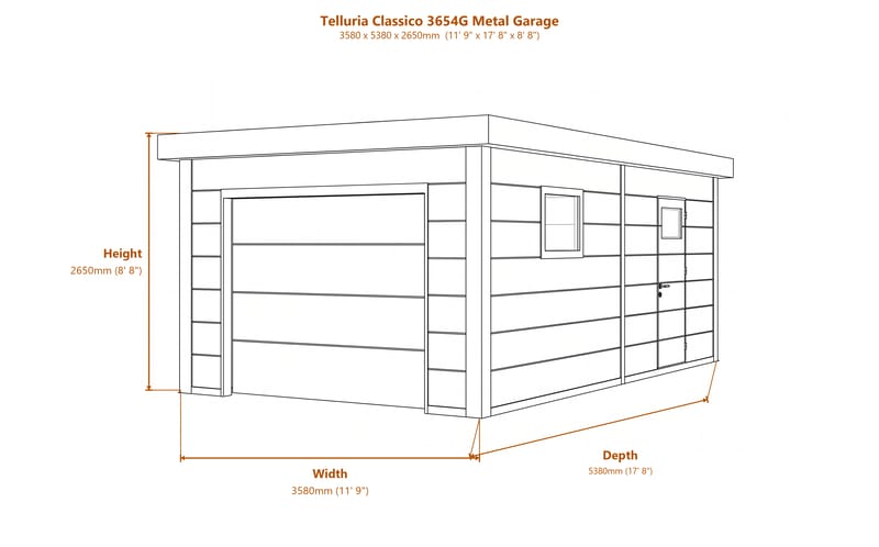 Telluria Classico 3654G Metal Garage dimensions diagram