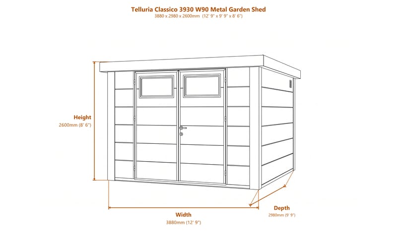Telluria Classico 3930 W90 Metal Garden Shed dimensions diagram