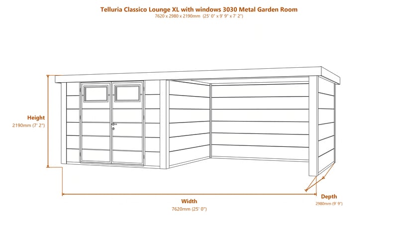 Telluria Classico Lounge XL with windows 3030 Metal Garden Room dimensions diagram
