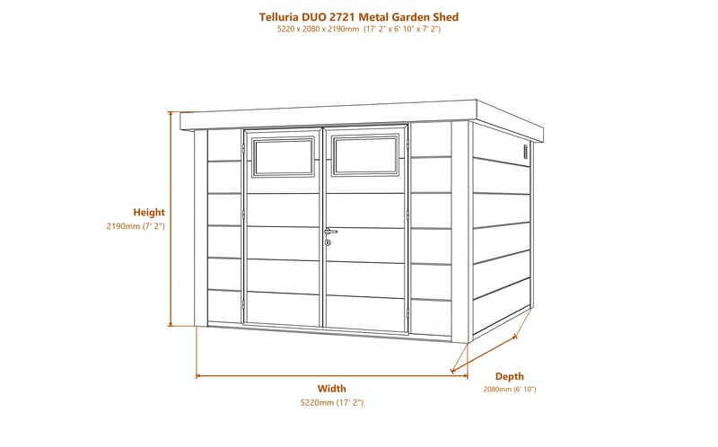 Telluria DUO 2721 Metal Garden Shed dimensions diagram