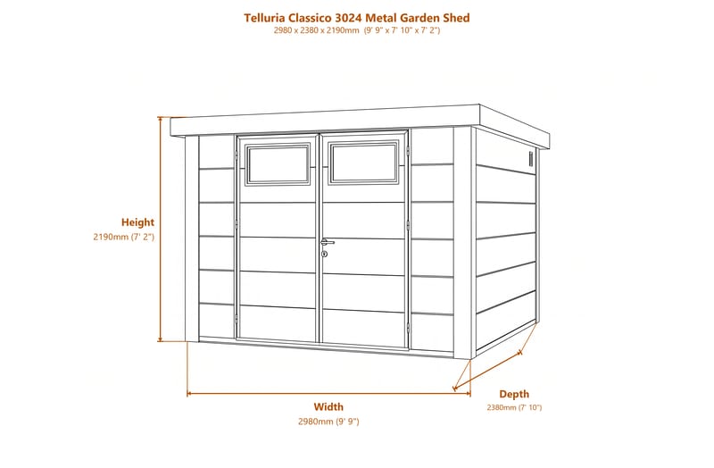 Telluria Classico 3024 Metal Garden Shed dimensions diagram