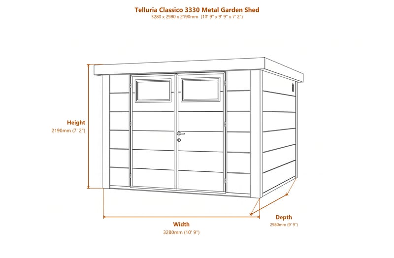Telluria Classico 3330 Metal Garden Shed dimensions diagram