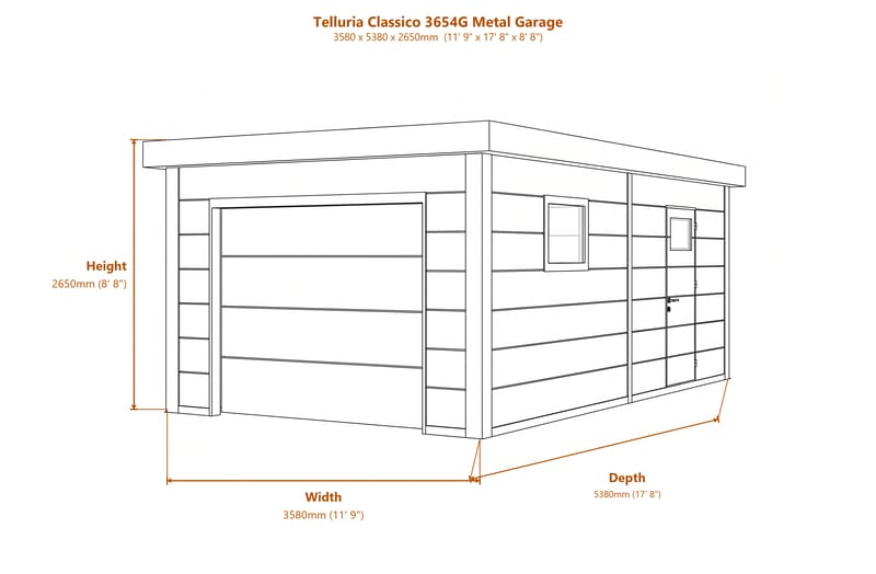 Telluria Classico 3654G Metal Garage dimensions diagram