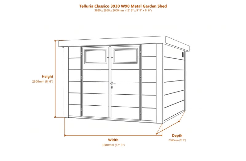 Telluria Classico 3930 W90 Metal Garden Shed dimensions diagram