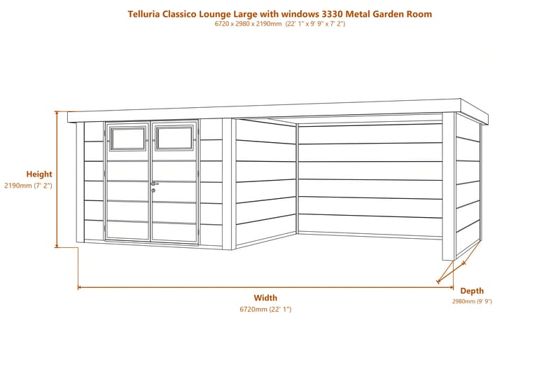 Telluria Classico Lounge Large with windows 3330 Metal Garden Room dimensions diagram