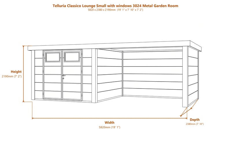 Telluria Classico Lounge Small with windows 3024 Metal Garden Room dimensions diagram