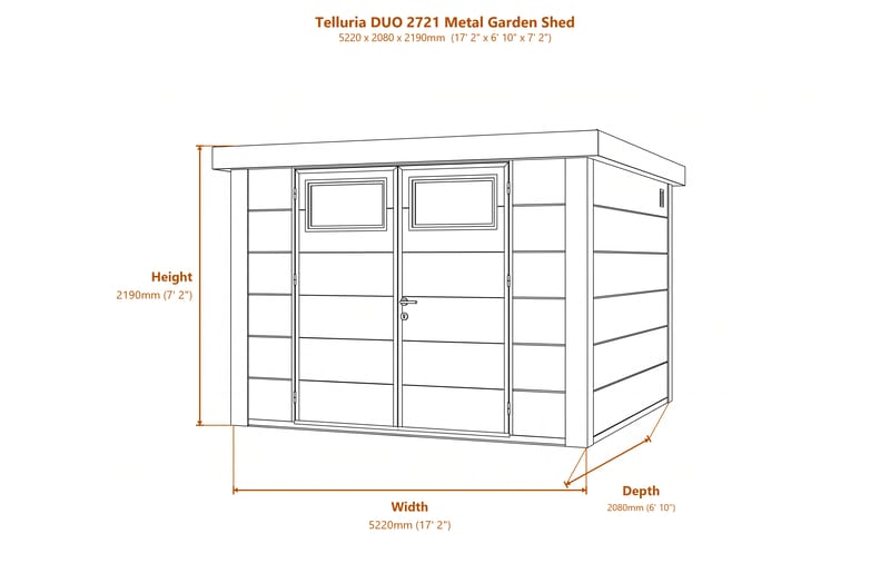 Telluria DUO 2721 Metal Garden Shed dimensions diagram