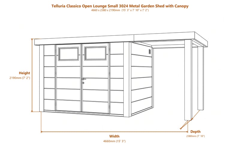 Telluria Classico Open Lounge Small 3024 Metal Garden Shed with Canopy dimensions diagram