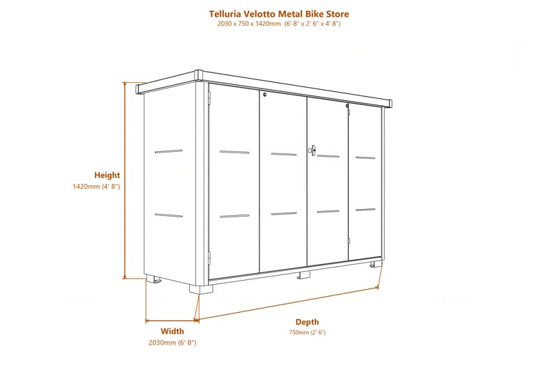 Telluria Velotto Metal Bike Store dimensions diagram