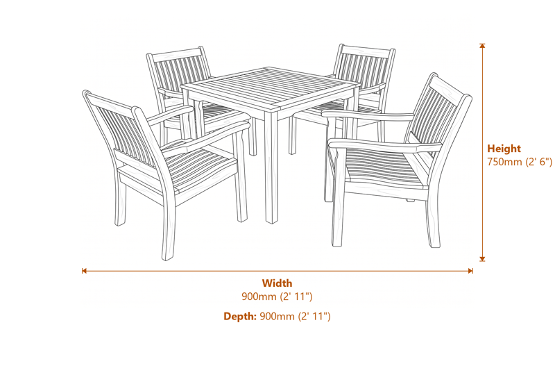 2x2 Willington Square 4 Seat Set dimensions diagram