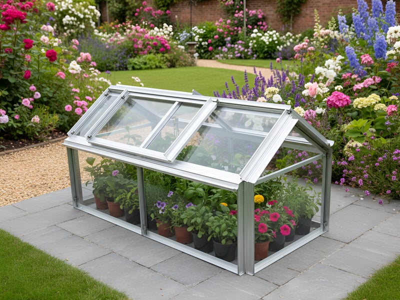 Elite Min E Lite 4x2 aluminium cold frame with its lids open on a garden patio