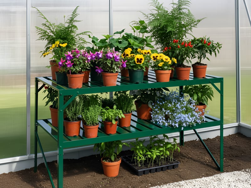 Vitavia 2 Tier Green Staging with potted plants inside a greenhouse