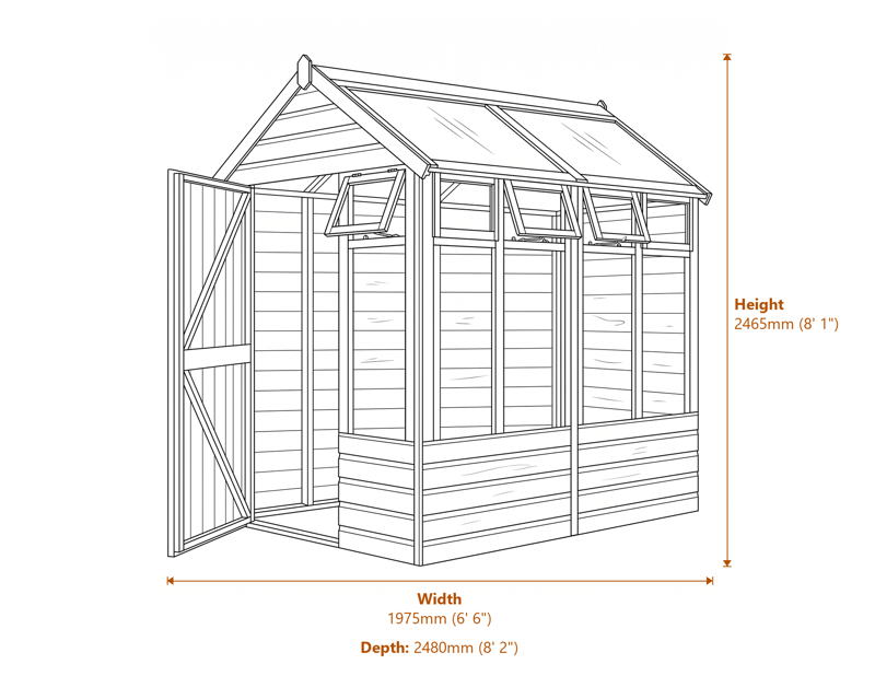 Rowlinson 6x8 Wooden Growhouse dimensions diagram