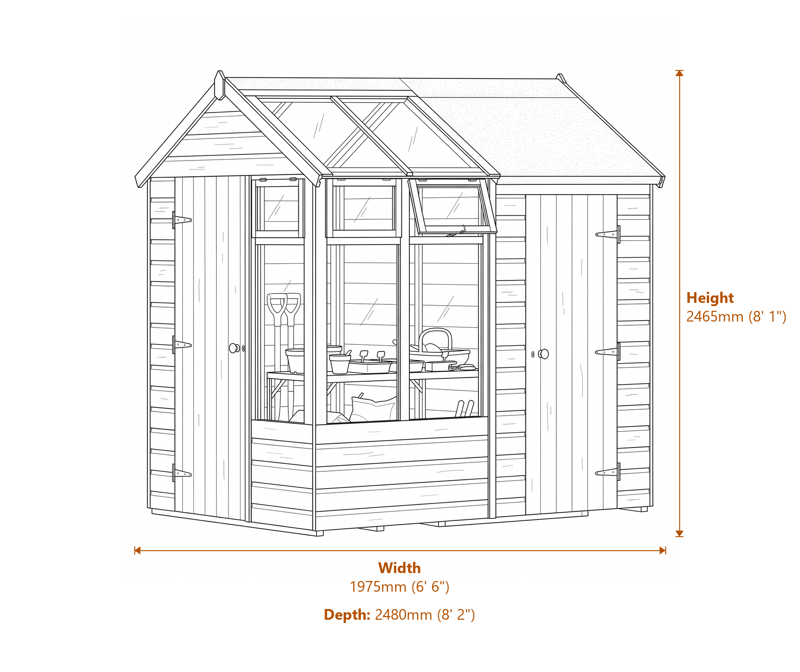 Rowlinson 6x8 Wooden Growhouse with Store dimensions diagram