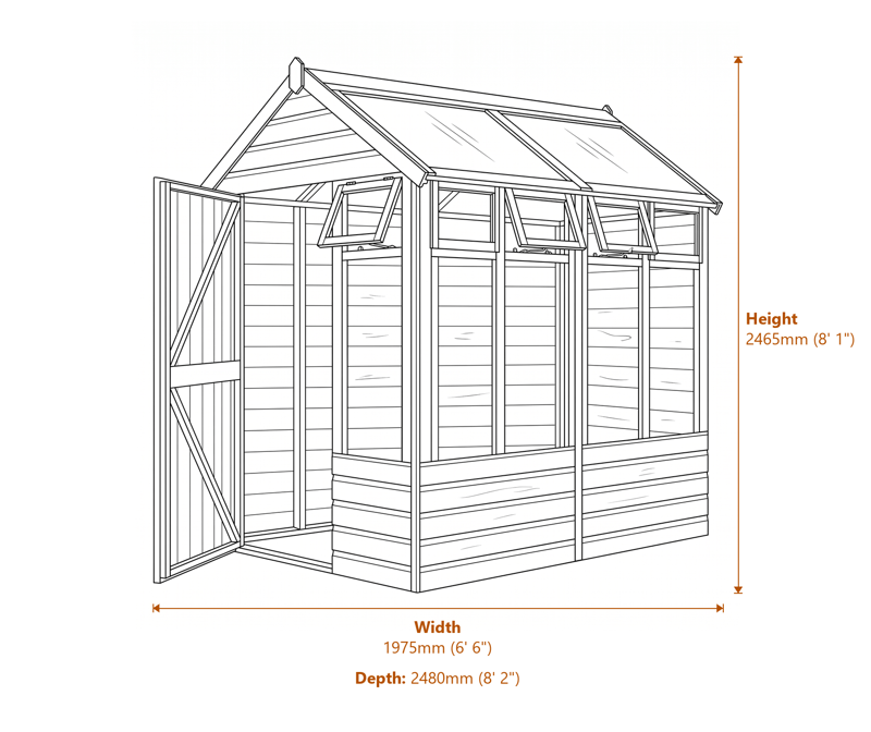Rowlinson 6x8 Wooden Growhouse dimensions diagram