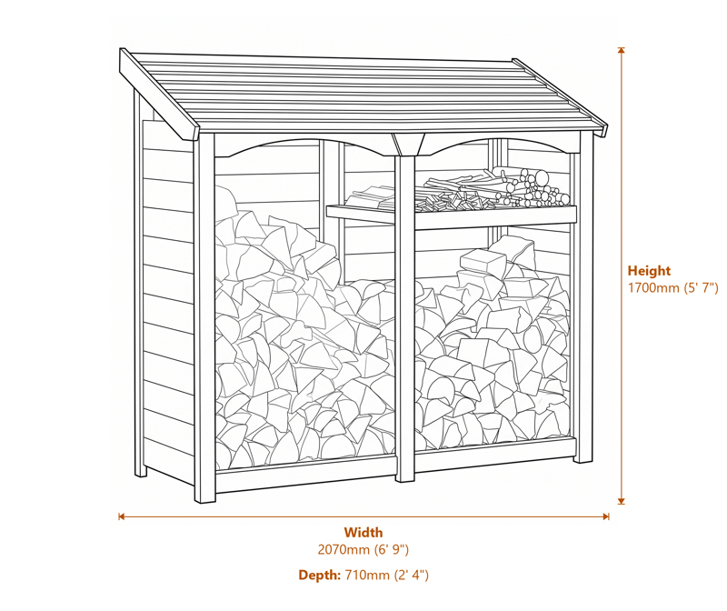 6x2 Premium Heritage Double Log Store dimensions diagram