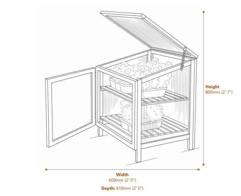 1x2 Hardwood Coldframe dimensions diagram