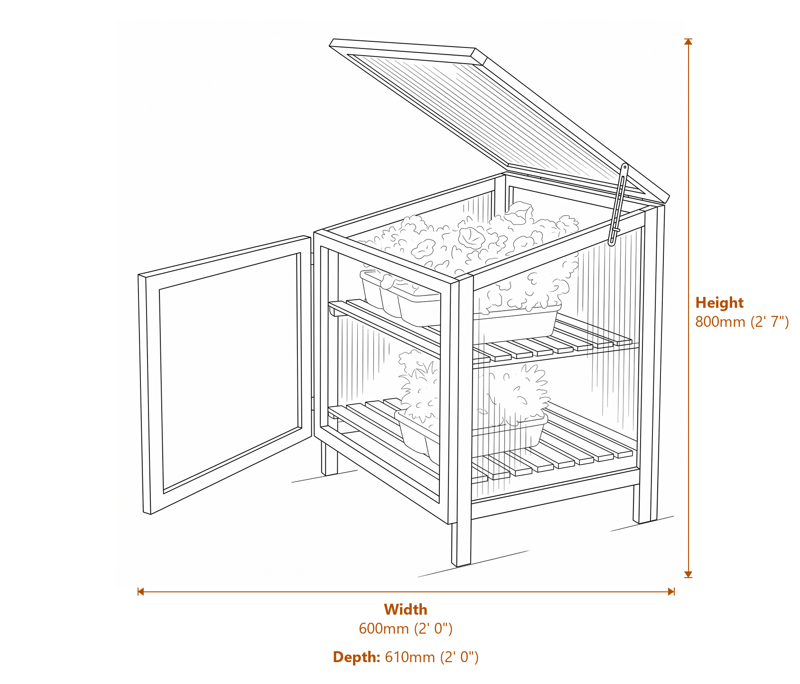 1x2 Hardwood Coldframe dimensions diagram