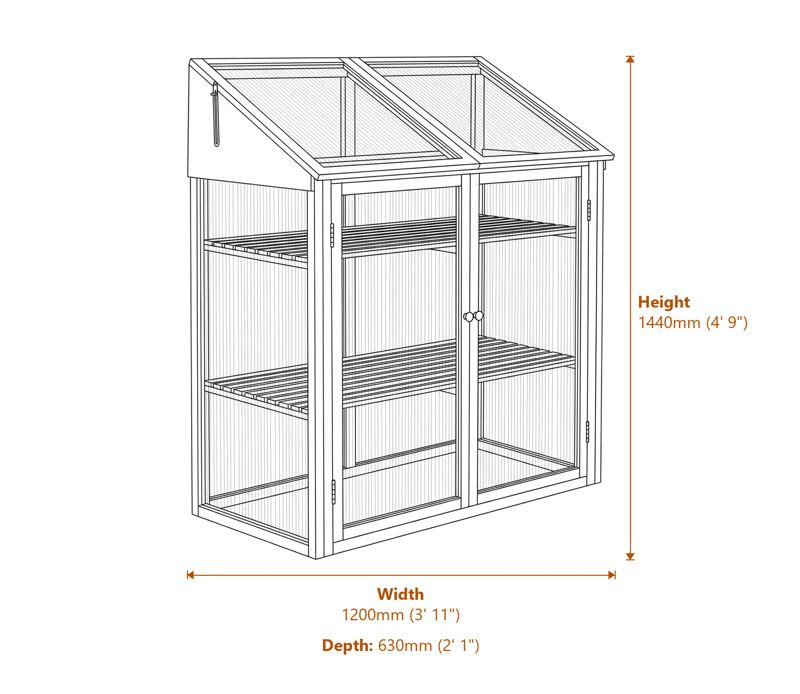 3x2 Hardwood Mini Greenhouse dimensions diagram
