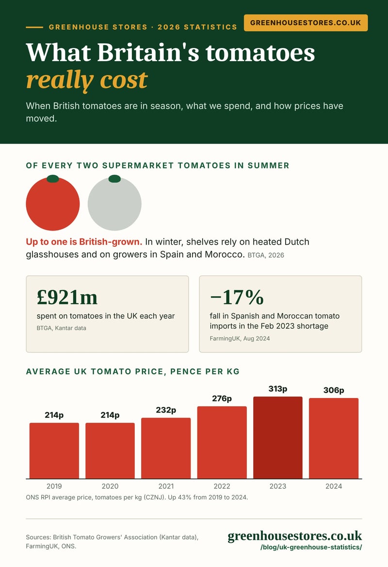 What Britain's tomatoes really cost: British share of supermarket tomatoes in summer, annual UK tomato spend, the 2023 import shortfall and average UK tomato prices 2019 to 2024