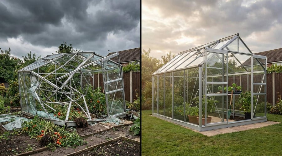 Storm damaged greenhouse before and after replacement by Greenhouse Stores insurance service